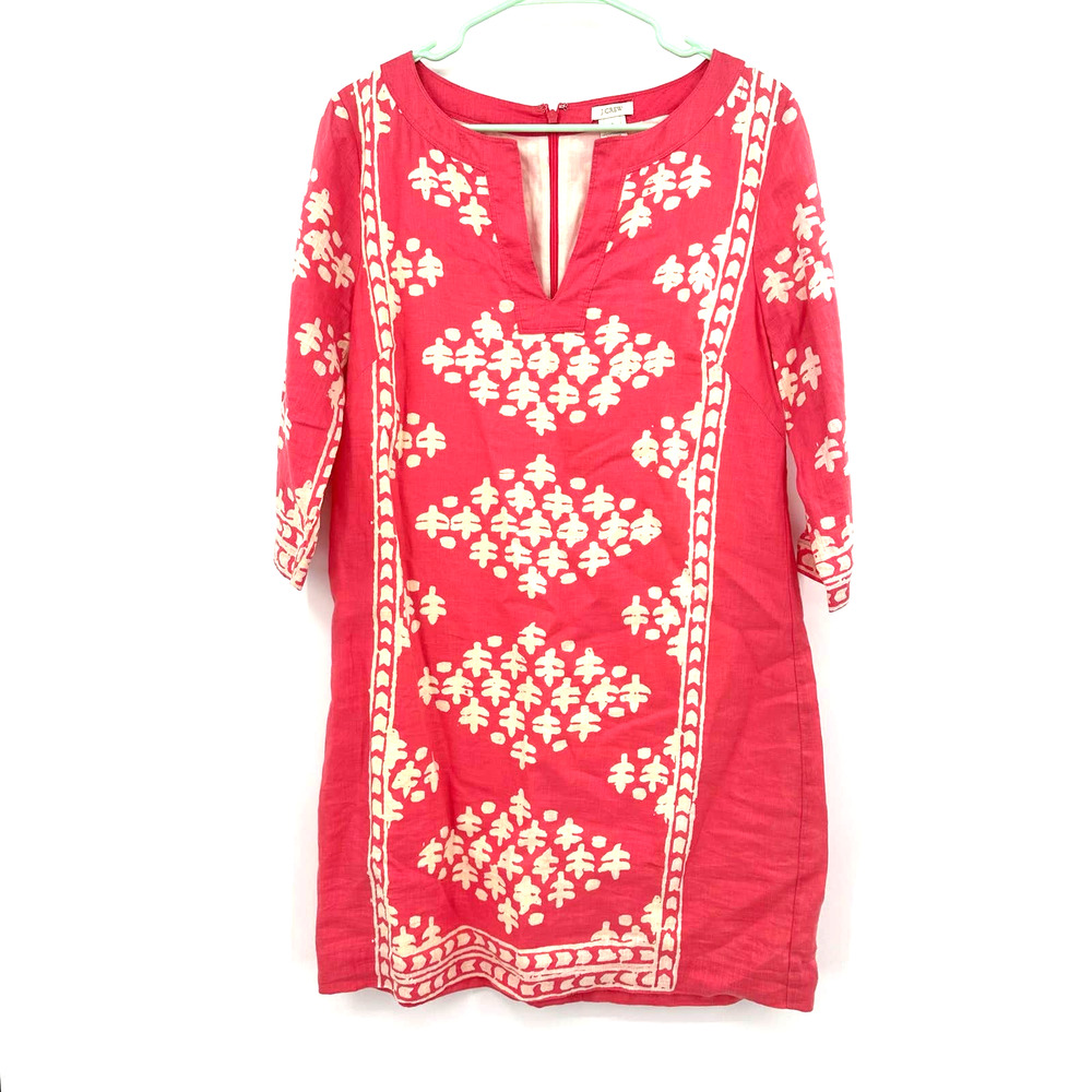 J. Crew size 6 shift style dress long sleeve pink cream batik style print